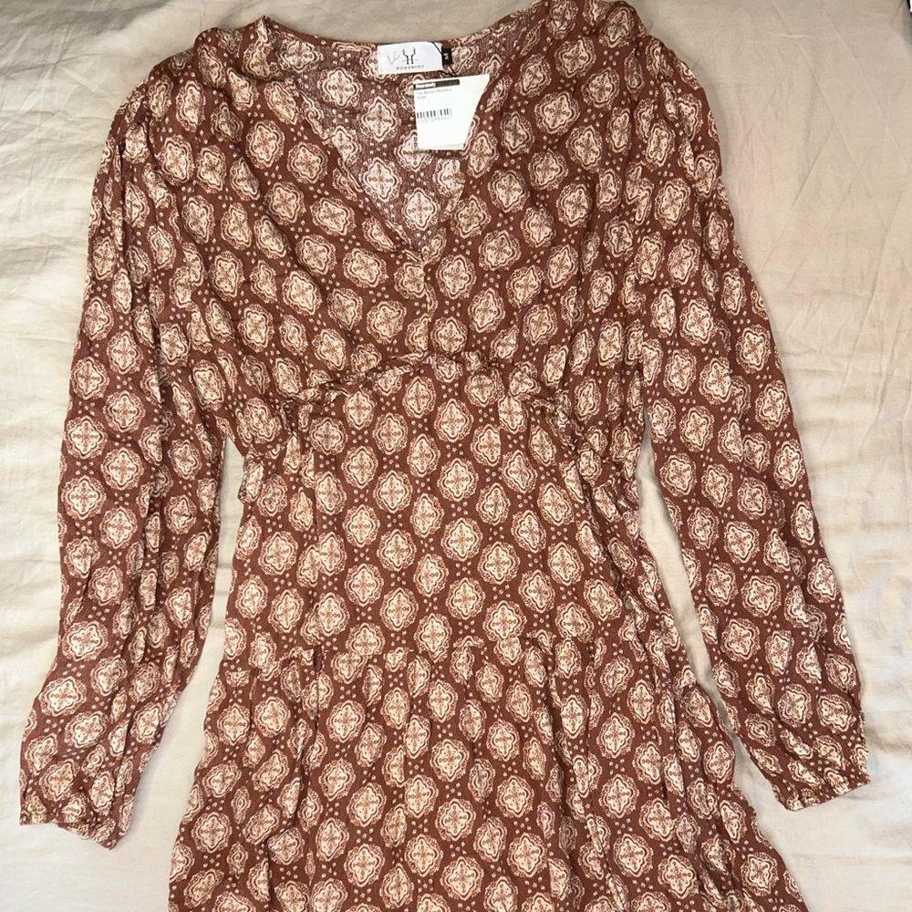 Home Body Women’s Long Sleeve Dress – Brown with Cream Accents